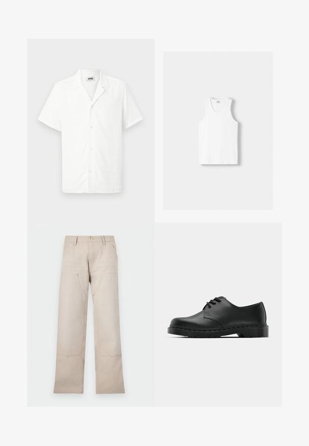 Korte mouwen witte shirt van lichtgewicht stof, met een kraag en vijf knopen aan de voorkant, met een gladde textuur. Geen patronen of accenten.; Witte katoenen tanktop met een ronde halslijn, brede schouderbanden en een rechte zoom, met een gladde textuur en zonder zichtbare patronen.; Beige katoenen broek met een recht gesneden ontwerp, voorzien van twee voorkezen en twee ritssluitingen. Goudkleurige accenten benadrukken het geheel.; Zwarte leren oxford schoenen met vetersluiting, ronde neus, platte rubberen zool en subtiele stiksel details langs het bovenwerk.