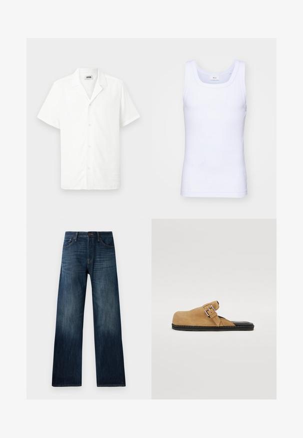 Korte mouwen witte shirt van lichtgewicht stof, met een kraag en vijf knopen aan de voorkant, met een gladde textuur. Geen patronen of accenten.; Witte katoenen mouwloze tanktop met een ronde halslijn, met een gladde textuur en een aansluitende pasvorm, ontworpen voor casual gebruik.; Donkerblauwe spijkerbroek met een recht model, voorzien van een lichte stof, riemlussen en een klassieke vijf-pocket stijl.; Bruine suède instapschoen met een platte zwarte zool, voorzien van een gespband voor aanpassing en een gladde binnenvoering.