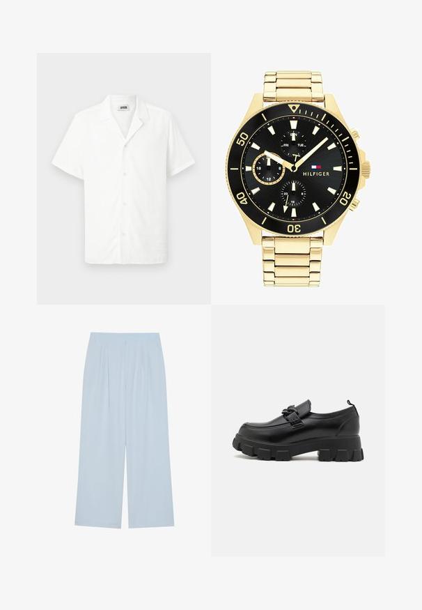 Camisa blanca de manga corta hecha de tela ligera, con cuello y cinco botones en la parte delantera, con una textura suave. Sin patrones ni acentos.; Pantalones de pierna ancha azul claro, fabricados con un material suave, que cuentan con pliegues frontales y una cinturilla elástica para mayor comodidad.; Zapato de cuero negro con una suela texturizada y gruesa y una correa decorativa en la parte superior. Presenta un ligero tacón y una lengüeta en la parte trasera.; Reloj de metal dorado con esfera negra, marcadores luminosos y tres subesferas. Presenta una correa texturizada y el logotipo "HILFIGER" en el centro.