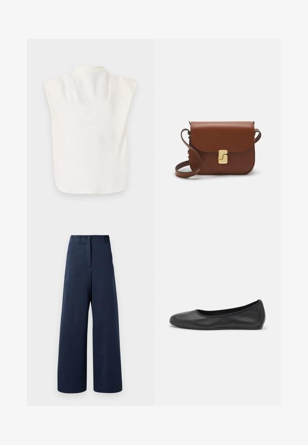 White sleeveless top with a high neckline and smooth, soft texture. Features an asymmetrical design with rounded edges at the hem.; Navy wide-leg trousers made of smooth fabric, featuring a high waist with two front buttons, two side pockets, and straight hems.; Black leather ballet flat with a rounded toe, smooth texture, minimal stitching detail, and a flexible sole design.; Brown leather handbag with a flap closure, gold-tone hardware, a shoulder strap, and a smooth texture. Compact rectangular shape.
