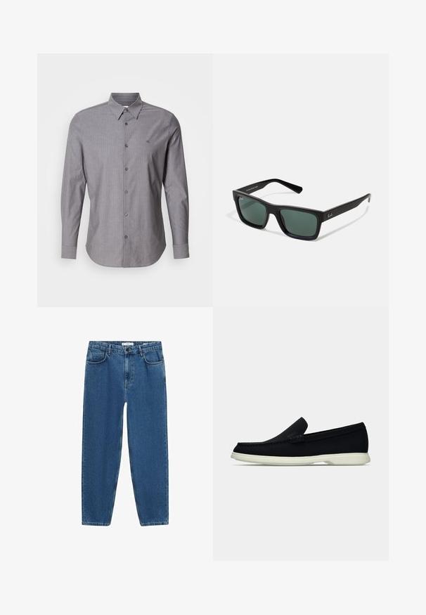 Šedá pruhovaná košeľa s dlhým rukávom vyrobená z bavlny, s golierom na gombíky a logom na ľavej hrudi. Úzky strih.; Svetlomodré džínsy s rovnými nohavicami, s klasickým päticovým strihom a zapínaním na gombík v oblasti pása.; Čierne nazúvacie topánky s okrúhlou špičkou, s textúrovaným zvrškom, hladkou bielou podrážkou a jemným brandingom po boku.; Čierne obdĺžnikové slnečné okuliare so zelenými sklami, matným povrchom, rovnými ramenami a logom Ray-Ban na boku.; Čierna taška s dlhými uchami, vyrobená z hladkej textílie. Obsahuje prednú vrecko a minimalistický dizajn. Žiadne viditeľné kovanie ani vzory.
