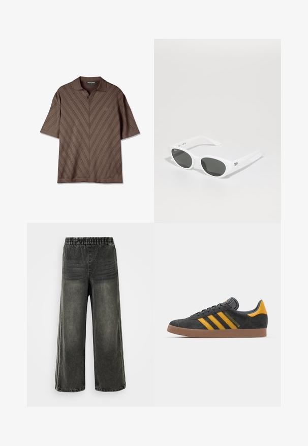 Brun kortermet polo skjorte med v-hals, med et teksturert sikksakkmønster og en subtil logo detalj på brystet.; Svarte, vasket denimbukser med elastisk midje og vide ben, med subtile vertikale sømdetaljer på sidene.; Sort skinnesko i svart semsket skinn med gule detaljer, med tre striper og en brun gummisåle. Inkluderer en polstret tunge for komfort.; Hvite solbriller med runde rammer og mørke linser. Har en jevn plastoverflate og liten logo på stangen.