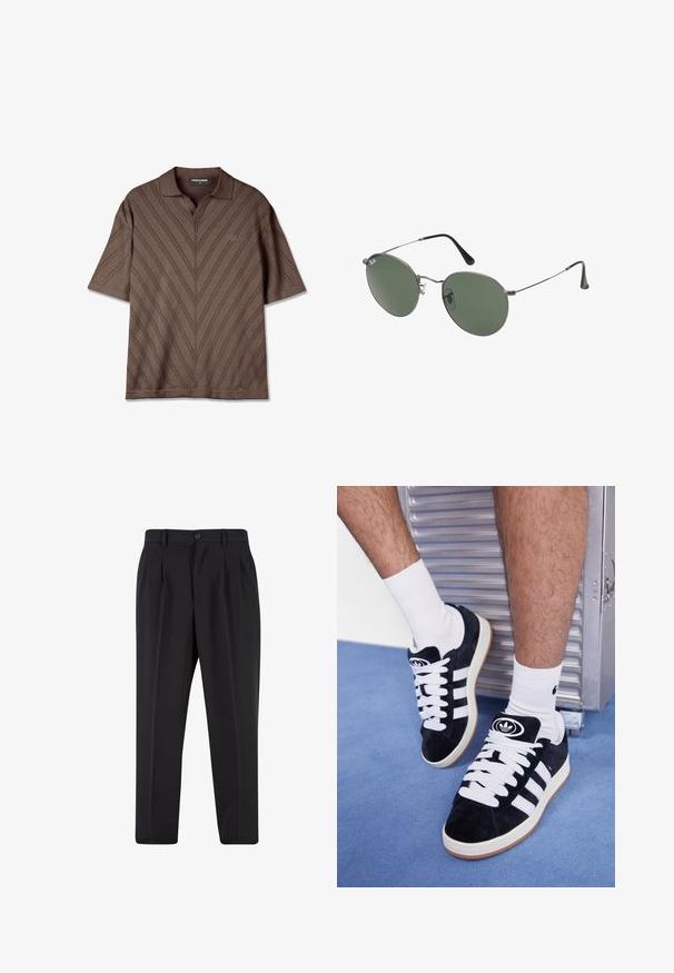Hnědá polokošile s krátkým rukávem a výstřihem do V, zdobená texturovaným zigzag vzorem a jemným logem na hrudi.; Černé kalhoty s plisovaným předním designem, vyrobené z hladké tkaniny. Obsahují zapínání na knoflík a poutka na opasek; rovný střih.; Černé semišové tenisky s bílými tkaničkami a třemi bílými pruhy. Mají kulatou černou logo na jazyku a gumovou podrážku.; Sluneční brýle s kovovým rámem a oválnými zelenými skly. Tenký stříbrný kovový rám a černé chrániče uší. Minimalistický design, žádné viditelné logo.