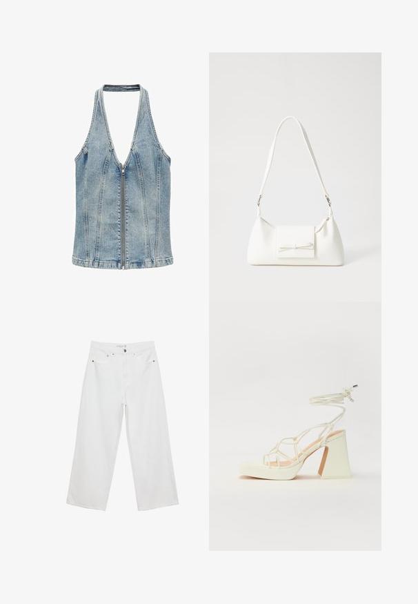 Mango Bluza - blue; Bele široke hlače iz denima, visoke pasu, z petimi žepi in kovinskimi dodatki. Gladek tekstur, brez vidnih vzorcev.; Bela sandala na visokih petah s debelim petam, ki ima obliko trakcev in vezanje okoli gležnja. Gladka tekstura z platformo spredaj za dodatno višino.; Bela sintetična torbica v obliki trikotnika, z ravnim sprednjim poklopcem in detajlom mašne, nastavljivim trakom, gladko teksturo in minimalističnim dizajnom.