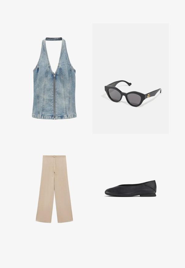 Mango Blouse - blue; Beige wide-leg pants made of soft fabric, featuring a drawstring waistband and smooth texture, with no patterns or additional hardware.; Black leather flat shoe with rounded toe and low heel, designed for casual or formal wear.; Black sunglasses with an angular cat-eye shape, featuring dark tinted lenses. Gold logo accent on the temple. Smooth plastic frame.; DRAGON DIFFUSION SANTA CROCE BIG - Handbag - black