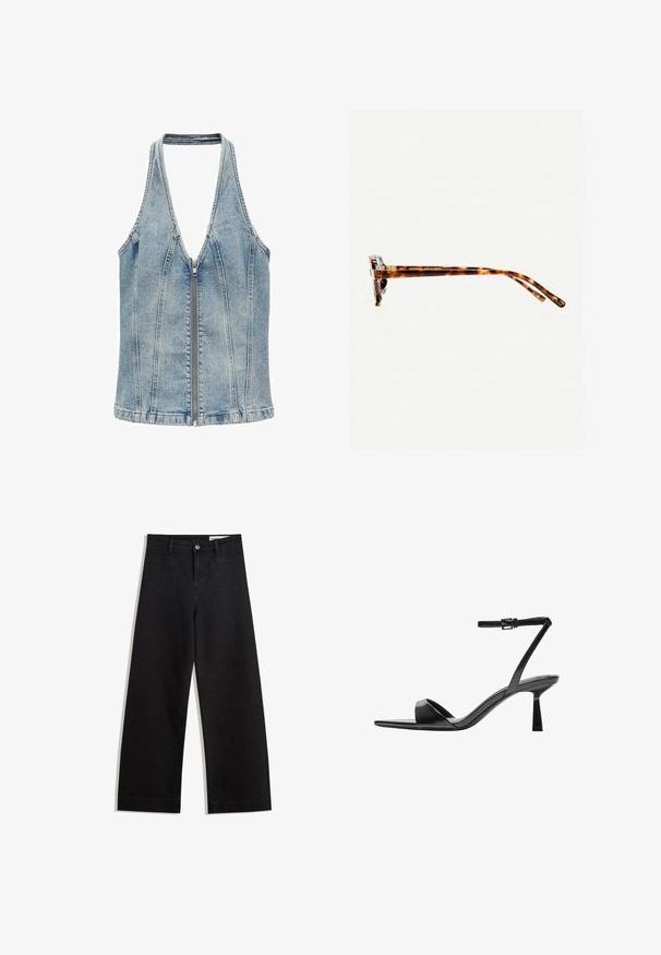 Mango Camicetta - blue; Pantaloni in denim neri a gamba larga con vita alta, dotati di tasche anteriori e posteriori, cuciture a punto, e chiusura con bottone. Texture liscia.; Bershka Sandali con tacco - black; Occhiali da sole tartarugati con una montatura spessa, tempie leggermente curve e superficie liscia. Presentano un design classico con una finitura lucida.; Borsa a spalla in vernice nera con forma curvata, una tracolla, tasche frontali e dettagli in metallo argentato.