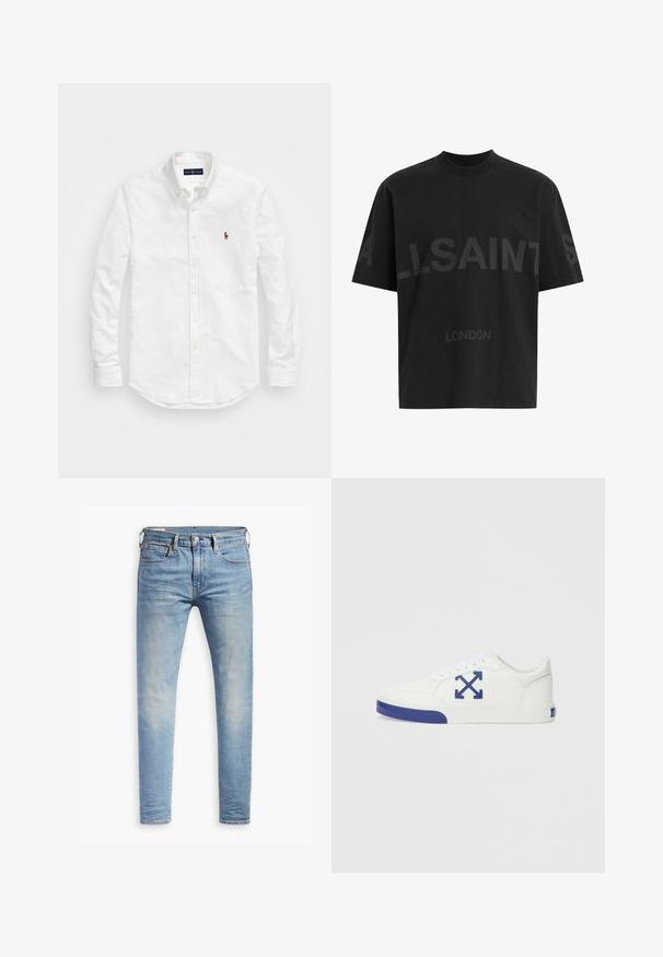 Witte button-up shirt van katoen, met lange mouwen, een gebogen zoom en een klein geborduurd logo op de borst.; Zwarte oversized T-shirt met donkergrijze tekst "ALLSAINTS" over de borst en "LONDEN" in kleinere letters eronder.; Lichtblauwe slim-fit jeans met een lichte vervaging op de dijen, knoopsluiting aan de voorkant, riemlussen en vijf-pocket styling op een witte achtergrond.; Witte sneaker met een gestructureerd oppervlak, blauwe accenten op de neus en het logo, vetersluiting en een platte rubberen zool.