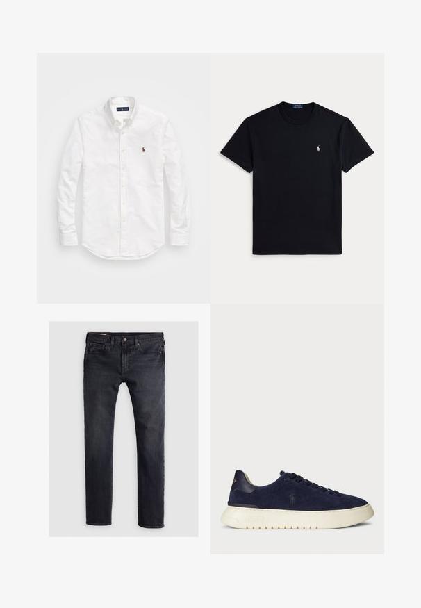 Camisa branca de botão feita de algodão, com mangas longas, uma bainha curva e um pequeno logotipo bordado no peito.; Camiseta preta de algodão com decote redondo, mangas curtas e pequeno logótipo bordado no lado esquerdo do peito. Textura suave.; Jeans de denim azul escuro com um corte de perna reta, apresentando um fecho de botão na frente, design de cinco bolsos e áreas ligeiramente desbotadas.; Sapatilha baixa em camurça azul-marinho com uma superfície texturizada, sola de borracha e atacadores tonais, apresentando um pequeno logótipo de lado e no calcanhar.