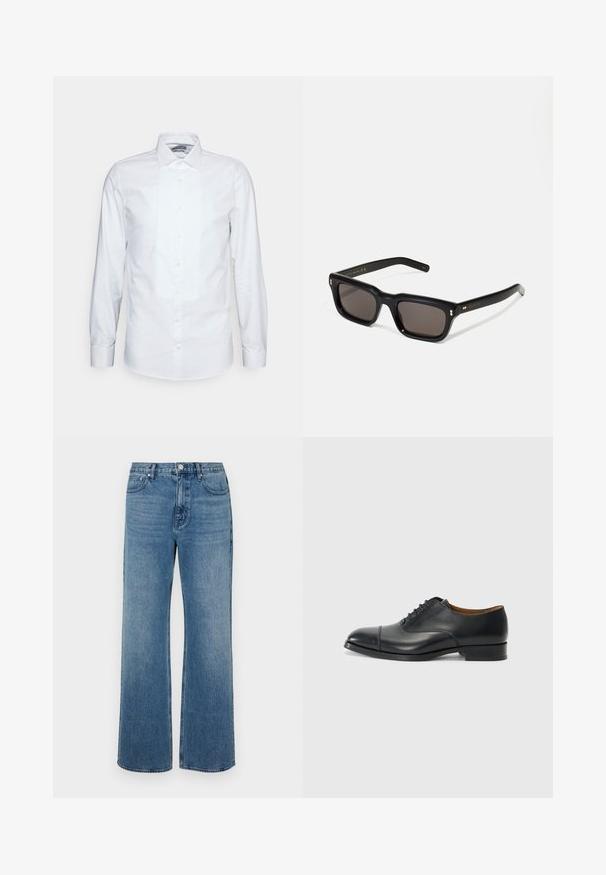 Witte longsleeve shirt van katoen. Heeft een geplooide voorkant, puntige kraag en klassieke knoopsluiting. Glad textuur en getailleerde pasvorm.; Brede blauwe jeans van denim met een verouderde afwerking. Heeft vijf zakken, een sluiting met vooraan knoop en een rechte snit.; Zwarte leren dress shoe met een gladde afwerking, ronde neus, vijf gaten voor veters, en een lage blokhak. Minimalistisch ontwerp met subtiele stiksels.; Zwarte rechthoekige zonnebril met donkere lenzen, een dik plastic montuur, gouden accenten op de veren en het merkembleem gegraveerd op de arm.