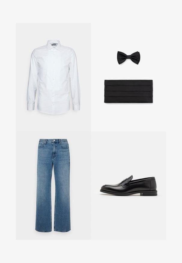 Witte longsleeve shirt van katoen. Heeft een geplooide voorkant, puntige kraag en klassieke knoopsluiting. Glad textuur en getailleerde pasvorm.; Brede blauwe jeans van denim met een verouderde afwerking. Heeft vijf zakken, een sluiting met vooraan knoop en een rechte snit.; Zwarte leren instappers met een gladde textuur, ronde neus en een decoratieve band over de wreef. Lage, gestapelde hak en minimalistisch ontwerp.; Zwarte vlinderstrik en geplooide zwarte pochet, beiden gemaakt van een gladde stof. De pochet heeft horizontale plooien en een rechthoekige vorm.