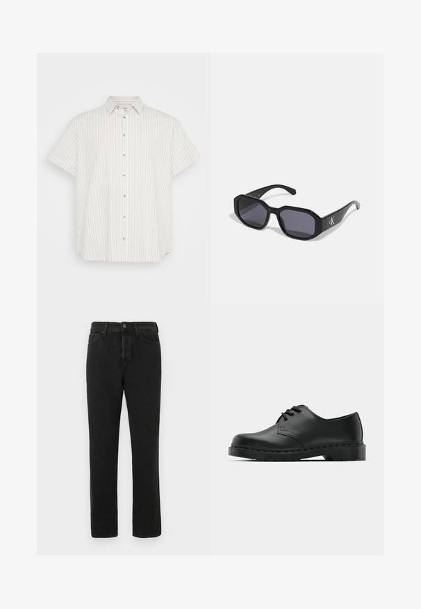 Camicetta a maniche corte con bottoni di colore beige chiaro, caratterizzata da righe verticali in diverse tonalità. Presenta un colletto classico e una leggera trama del tessuto.; T-shirt bianca a maniche lunghe realizzata in cotone. Design con collo rotondo, polsini a costine e un piccolo logo sulla manica sinistra. Texture liscia.; Jeans in denim neri a gamba dritta con chiusura frontale a bottoni e zip, passanti per cintura e design a cinque tasche, esposti su sfondo bianco.; Scarpa oxford in pelle nera con design con lacci, punta arrotondata, suola piatta in gomma e dettagli di cucitura discreti lungo la parte superiore.; Occhiali da sole neri con montatura ottagonale, lenti scure, materiale plastico lucido e un accento con logo argento su un lato.