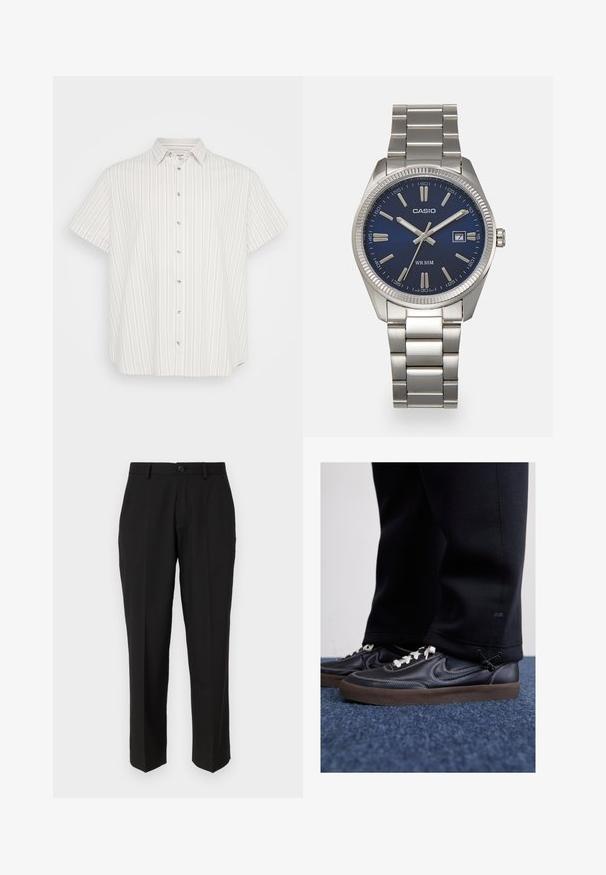 Lyhythihainen nappikauluspaita vaaleassa beigeissä, jossa on pystysuoria raitoja eri sävyissä. Ominaisuuksiin kuuluu perinteinen kaulus ja kevyt kankaan rakenne.; Mustat housut, jotka on valmistettu sileästä kankaasta, suoran lahkeen muotoilulla, etutaskuilla, yhdellä napilla kiinnitettävänä ja ilman näkyviä kuvioita.; Nike Sportswear KILLSHOT 2 LTR PRM OPP2 - Matalavartiset tennarit - black sail baroque brown mtlc dk grey; Harmaa ruostumaton teräs rannekello, jossa on tummansininen kellotaulu, metalliset tuntimerkit ja päivämääränäyttö kello 3:ssa. Vesitiivis 50 metriin asti.