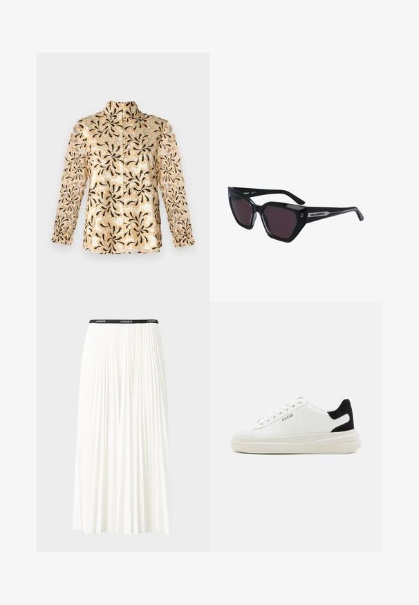 Beige Hemd mit kunstvollem schwarzen Blumenstickereien, transparenten Ärmeln, geradem Schnitt und einem Kragen mit Knopfverschluss.; Faltenrock aus Weiß mit einem schwarzen elastischen Bund, der das "LACOSTE"-Logo trägt. Mittellanges Design mit weicher Textur.; Weiße Leder-Sneaker mit einer dicken weißen Sohle, schwarzem Wildlederakzent an der Ferse und geprägtem Logo an der Seite. Schnürdesign mit sechs Ösen.; Schwarze Sonnenbrille im Cat-Eye-Design mit dunklen Gläsern, glänzender Oberfläche und subtilen Logoakzenten an den Bügeln.; Silberne Creolen mit einer glatten, glänzenden Oberfläche. Abgerundete Form, leichtes Design, mit einer Steckverschluss.