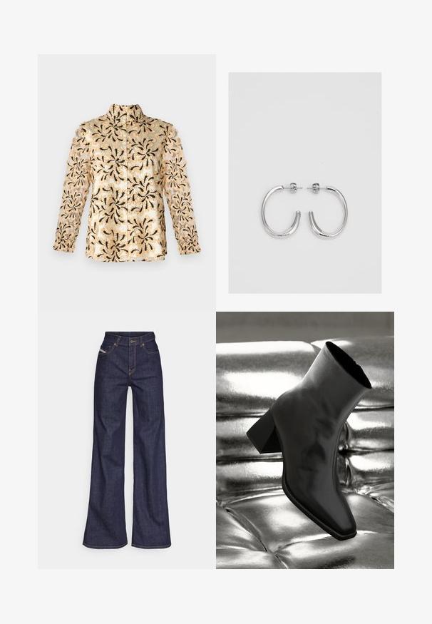 Bežna srajca z zapletenim črnim cvetličnim vezenjem, prosojnimi rokavi, ravnim krojem in ovratnikom s povezanjem na gumb.; Temno modri široki kavbojke iz denima z visokim pasom, ki imajo oranžne šive, pet žepov in gumba za zapiranje.; Črne gležnjarje iz sijočega materiala s kvadratnim prstom in zoženim peto, postavljene na sijoče srebrno oblazinjeno ozadje.; Srebrne obročaste uhane z gladko, sijočo površino. Zaobljena oblika, lahka zasnova, z zapiranjem na zatič.