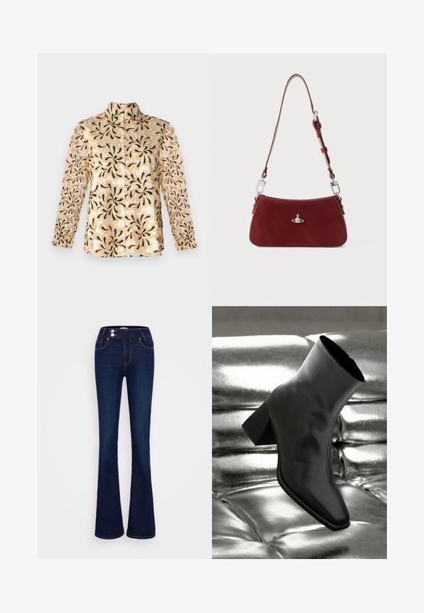 Camicia beige con intricato ricamo floreale nero, maniche trasparenti, taglio dritto e collo con bottoni.; Jeans a palazzo blu scuro con vita alta, due tasche frontali e due chiusure a bottone. Realizzati in denim con una texture liscia.; Stivale alla caviglia nero realizzato in materiale lucido con punta quadrata e tacco affusolato, posizionato su uno sfondo argentato lucido con imbottiture a sfera.; Borsa a spalla in suede rosso con forma curva. Presenta un accento in tonalità argento e una tracolla regolabile con dettagli in metallo. Texture liscia.; Orecchini in metallo argentato con forma a goccia liscia e finitura lucida. Incisioni sottili aggiungono dettagli. Design minimalista.
