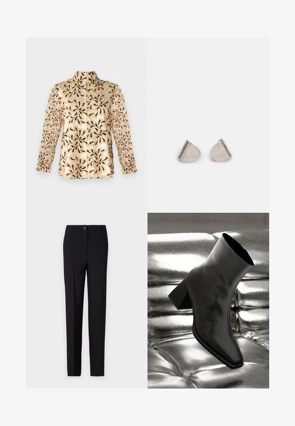 Beige Hemd mit kunstvollem schwarzen Blumenstickereien, transparenten Ärmeln, geradem Schnitt und einem Kragen mit Knopfverschluss.; Schwarze, maßgeschneiderte Hose mit geradem Bein, ausgestattet mit einem Knopfverschluss und Gürtelschlaufen, aus glattem Stoff gefertigt.; Schwarzer Knöchelstiefel aus glänzendem Material mit quadratischer Zehenform und verjüngtem Absatz, vor einem glänzenden silbernen gepolsterten Hintergrund.; Silberne Metalohrringe mit einer glatten, tröpfchenförmigen Form und einer polierten Oberfläche. Subtile Gravuren fügen Details hinzu. Minimalistisches Design.