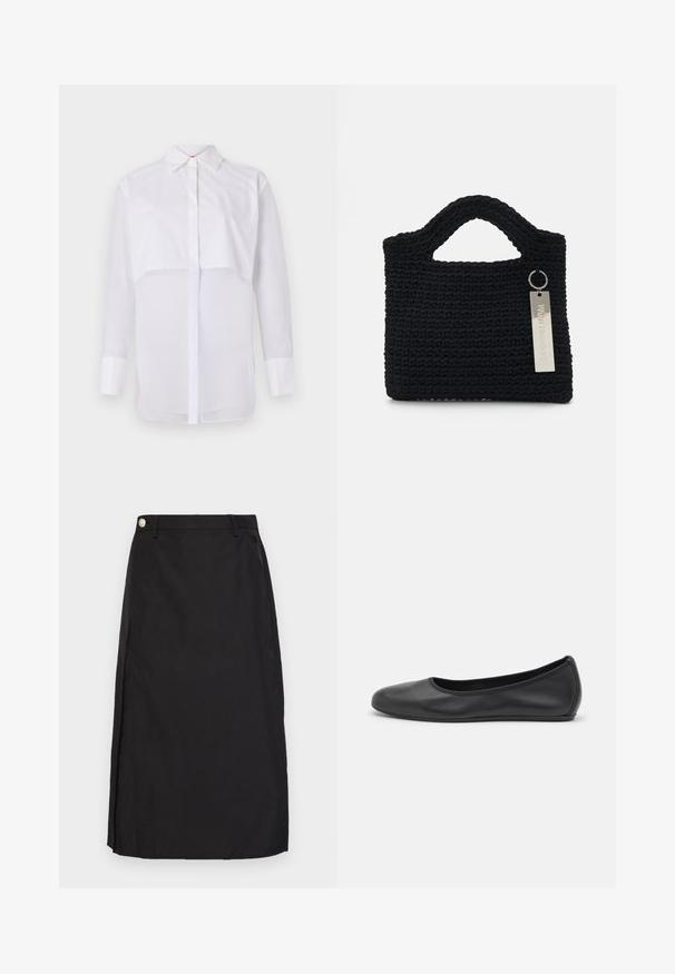 Bela bluza z dolgimi rokavi iz lahkega materiala, ki ima klasičen ovratnik, sprednje gumbe in plasten dizajn s prosojnim spodnjim delom.; Črna krila do kolen, narejena iz gladkega materiala, z razporkom spredaj in kovinsko gumbno dekoracijo na pasu.; Črne usnjene balerinke z zaobljenim nosom, gladko teksturo, minimalnimi šivi in fleksibilno zasnovo podplata.; Won Hundred MARSIELLE COMPUTER BAG UNISEX - Torba za prenosnik - black