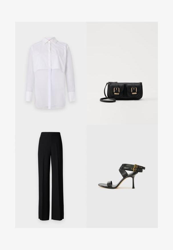 White long-sleeve blouse made of lightweight fabric, featuring a classic collar, front buttons, and a layered design with a sheer lower section.; Black wide-leg trousers with a smooth texture, featuring a high waistband and center pleats. No visible patterns or hardware details.; Black heeled sandal with crossed straps and adjustable buckle. Features a smooth texture and tapered stiletto heel.; Black leather crossbody bag with two front pockets, gold buckles, zipper closure, and a slim strap. Textured surface and compact rectangular shape.