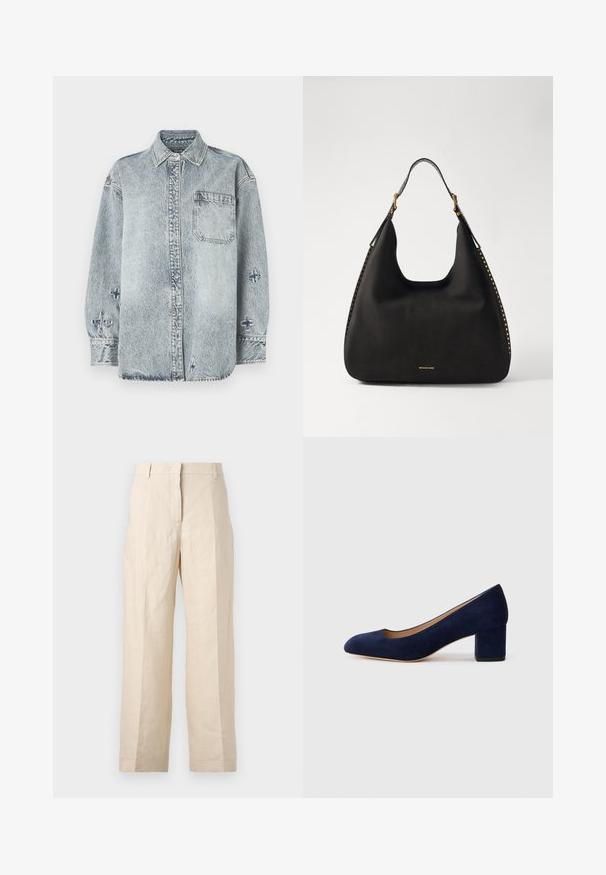 Šviesiai mėlyna džinsinė marškinė su ilgomis rankovėmis, sagų uždarymu, viena krūtinės kišenė ir kryžminiai siuvinėjimai ant rankovių.; Bežinės lininės kelnės su laisvu kirpimu, preguldyta priekyje ir tiesiomis kojomis. Savybės: juosmuo su diržo kilpomis ir be matomų kišenių.; Tamsiai mėlynos zomšos bateliai su smailiu nykščiu ir vidutinio aukščio blokiniu kulnu. Lygi tekstūra su subtiliu blizgesiu ir mažas įpjovimas priekyje.; MICHAEL Michael Kors NOLITA HOBO  - Rankinė - black