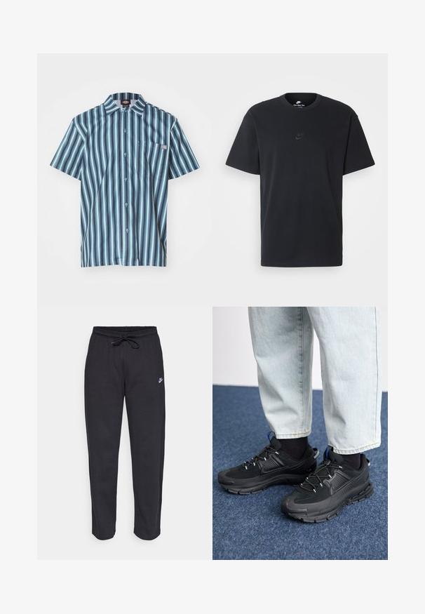 Short-sleeve button-up shirt featuring vertical stripes in shades of blue and grey, with a chest pocket and a branded logo patch.; Nike black cotton t-shirt with a classic crew neck, short sleeves, and a subtle, embossed logo on the chest. Smooth texture.; Black sweatpants made of soft fabric with an elastic waistband, drawstring, and a small Nike logo on the left thigh.; Black athletic shoes with textured fabric and rubber soles, featuring elastic laces and a blue accent on the heel. Worn with light denim pants.