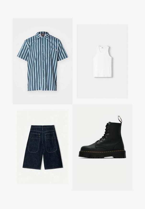 Rövid ujjú ing, függőleges kék és szürke csíkokkal, mellzsebbel és logóval ellátott márkajellel.; Fehér pamut ujjatlan felső kerek nyakkivágással, széles vállpántokkal és egyenes szegéllyel, sima textúrával, látható minták nélkül.; Sötétkék farmer rövidnadrág, laza fazonban, két hátsó zsebbel, kontrasztos varrással és egyenes szárú kialakítással.; Fekete bőr, fűzős bokacsizma tömör, texturált gumitalppal és sárga varrással a talp körül.