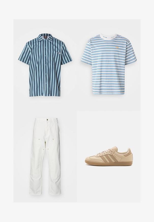 Lyhythihainen napitettava paita, jossa on pystysuorat raidat sinisen ja harmaan sävyissä, rinnassa rintatasku ja merkkilogo.; Lyhythihainen t-paita, joka on valmistettu pehmeästä puuvillasta. Paidassa on vaakasuuntaisia sinisiä ja valkoisia raitoja, ja rinnassa on oranssi brodeerattu logo.; Valkoiset puuvillaiset cargo-housut, joissa on rento istuvuus. Ominaisuuksiin kuuluvat etutaskut, kultaiset yksityiskohdat ja vahvistetut polviosat.; Beige nahkakengät, joissa on kolme vaakasuoraa raidhaa, pyöreä kärki, litteä ruskea kumipohja ja pehmeä kangasvuoraus varren ja kielen ympärillä.