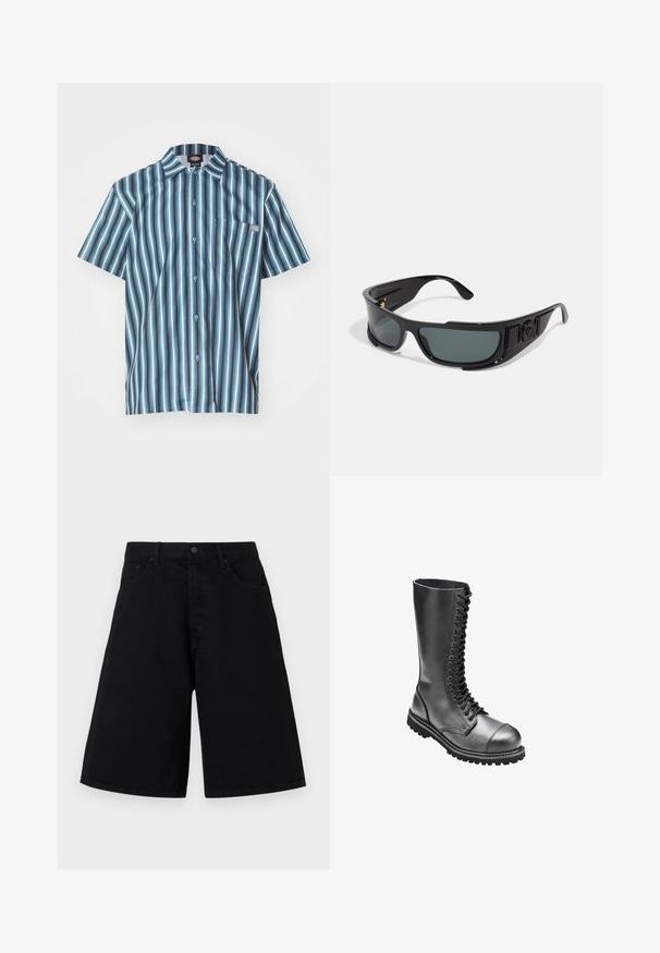 Srajca s kratkimi rokavi in gumbi, ki vsebuje navpične črte v odtenkih modre in sive, z žepom na prsih ter oznako blagovne znamke.; Črni denim kratki hlače z ohlapnim krojem, s klasično pet-pocket zasnovo in gumbnim zapiranjem, gladko teksturo in ravnim krojem noge.; Črna usnjena vojaška čevlja za vezanje z visokim usnjem, okroglo konico, podloženim ovratnikom in teksturiranim gumijastim podplatom za boljši oprijem.; Sončna očala s črnim plastičnim okvirjem, sivimi lečami, zaščitnim oblikovanjem, stranskimi detajli in logotipom na ročaju.