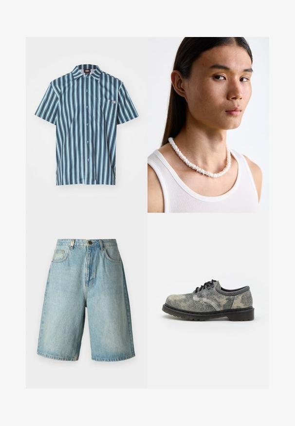 Īsām piedurknēm pogājams krekls ar vertikālām svītrām zilā un pelēkā krāsā, ar krūšu kabatu un zīmola logo nošuvumu.; Gaizilti zila džinsu šorti ar brīvu piegriezumu, kas satur priekšējos kabatas, pogu aizdari un izbalējušu krāsu ar smalkām iznēsājuma detaļām.; Kurpes ar auklēm, kas izgatavotas no teksturēta pelēka auduma ar melniem akcentiem, bieza gumijas zole un baltas šuvju detaļas. Apaļas pirkstu formas dizains.; Balta čaulu kaklarota, kas sastāv no neregulārām formām, valkāta virs pieguļošas baltas topiņas. Gluda tekstūra ar smalku spīdumu, cieši piegulošs dizains.