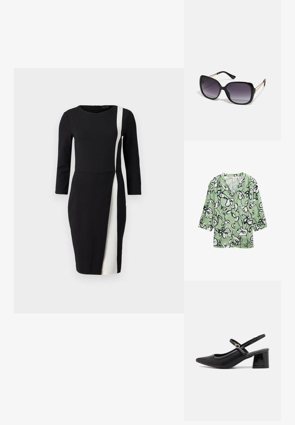 Blusa floreale verde con motivi di fiori in bianco e nero, scollatura a V e maniche a tre quarti. Realizzata in tessuto leggero.; Abito nero con maniche a tre quarti, caratterizzato da una striscia diagonale bianca. Realizzato in tessuto morbido, con vita aderente e lunghezza fino al ginocchio.; Décolleté in vernice nera con cinturino dietro, punta affusolata, design con ritagli arrotondati e tacco a blocco. Presenta un accento di fibbia tono oro.; Occhiali da sole neri oversize con lenti sfumate, montatura spessa e dettagli in catena dorata sulle astine.; Borsa a tracolla nera in materiale sintetico, con un design rettangolare semplice, dettagli quadri dorati e doppi manici.
