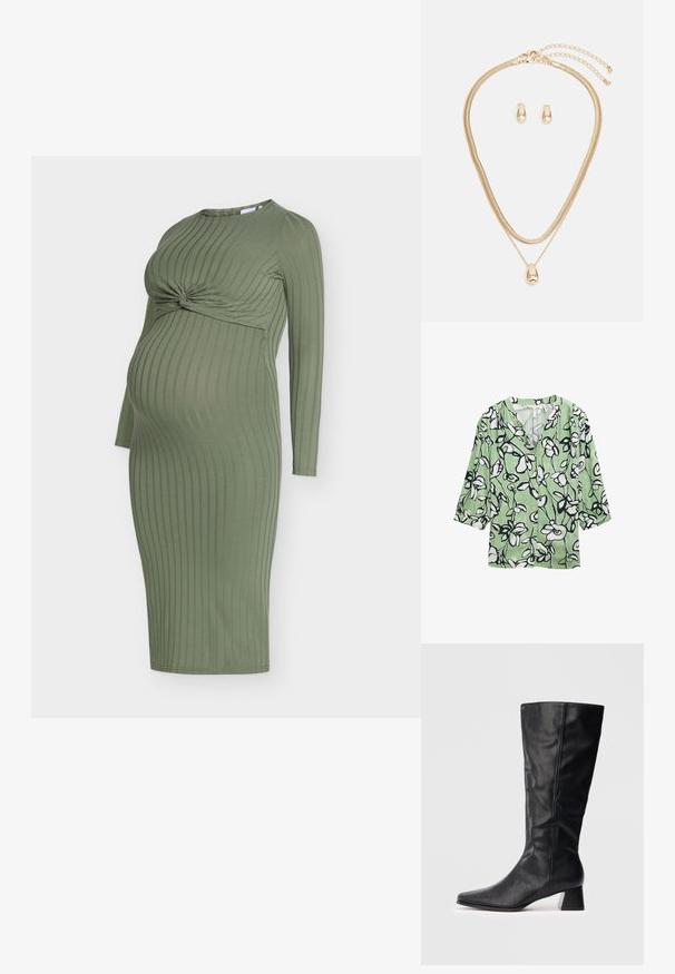 Grøn blomsterbluse med sort-hvide blomsterprint, V-udskæring og trekvartærmer. Fremstillet af letvægtsstof.; Olivengrøn ribbet graviditetskjole med lange ærmer, med en frontdetalje med tvistet knude og en kropsnær silhuet.; Sort læderstøvle til midt på læggen med spids tå og blokhæl på ensfarvet lys baggrund.; Sort læder skuldertaske med en buet design, der har en tekstureret rem og hardware i guldtonet ved lukningen for oven. Glat finish.; Guldsmykkesæt med en lagdelt halskæde med en dråbeformet vedhæng og matchende stud øreringe, alt sammen med en poleret overflade.