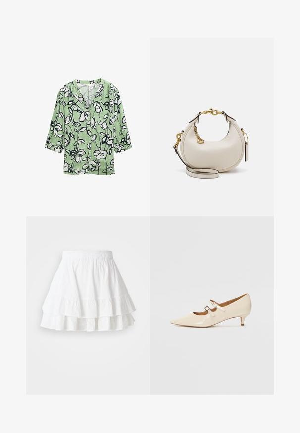 Grüne Bluse mit floralem Muster in Schwarz und Weiß, V-Ausschnitt und drei Viertelärmeln. Hergestellt aus leichtem Stoff.; Weiße, schichtweise Rock aus leichtem Stoff mit Lochmuster und Rüschensaum. Verfügt über einen elastischen Bund für zusätzlichen Komfort.; Beige Lackleder-Mary-Jane-Schuhe mit zwei verstellbaren Schnallen, spitzem Schuhkopf und niedrigem Absatz. Glatte Textur mit glänzendem Finish.; Cremfarbene Lederhandtasche in Mondform, mit goldenen Akzenten, schwarzen Details und einem abnehmbaren Gurt. Sie verfügt über eine Kettendetail und einen Anhänger.; Goldfarbene Ohrringe, bestehend aus drei Paaren: strukturierte ovale Stecker, ohrringe mit gewelltem Design und große Creolen mit geschichteten Rillen.