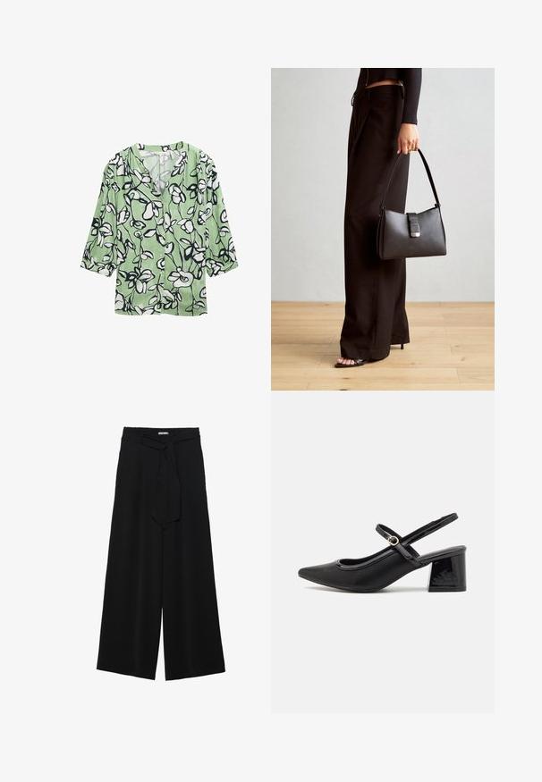 Zöld virágmintás blúz fekete és fehér virágmintákkal, V-nyakkivágással és háromnegyedes ujjal. Könnyű anyagból készült.; Fekete, bő szárú nadrág, texturált anyagból, rugalmas derékpánttal és levehető sállal a derekán, amely állítható illeszkedést biztosít.; Fekete lakk bőr, pántos magassarkú cipő, hegyes orral, lekerekített kivágással és tömbsarkal. Arany színű csat díszíti.; Fekete kézi táska strukturált formával, sima textúrával és fémből készült záródással. Széles fekete nadrággal és nyitott orrú szandállal párosítva, fából készült padlón.