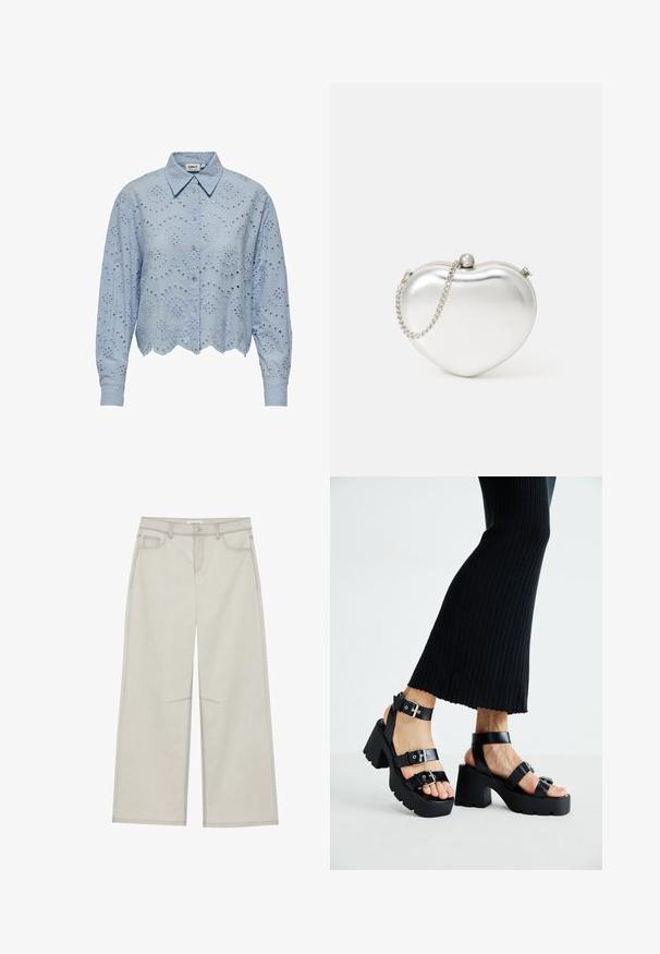 Light blue cropped shirt with a pointed collar, featuring textured eyelet embroidery and scalloped hem. Button closure down the front.; Light gray wide-leg pants with five pockets, front button closure, and contrast stitching along seams. Fabric appears soft and durable.; Black platform sandals with chunky, lug soles and multiple straps, featuring metal buckles and a smooth leather-like texture.; Heart-shaped metallic silver clutch bag with a smooth texture, clasp closure, and a silver chain strap.