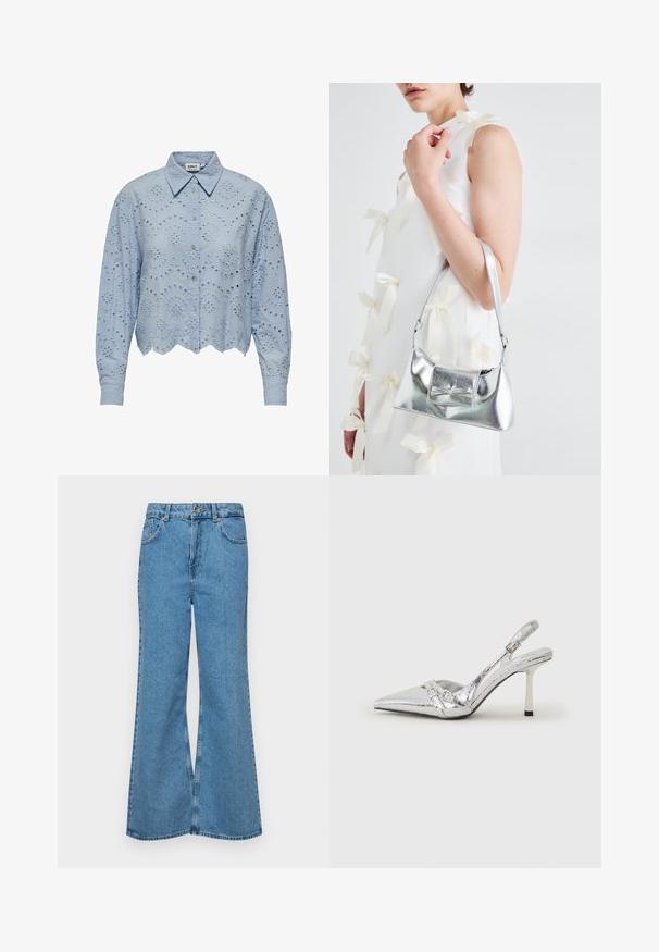 Cămașă scurtă de culoare albastră deschisă, cu guler ascuțit, având broderie din dantelă texturată și tiv cu margini ondulate. Închidere cu butoane pe față.; Jeanși evazați de culoare albastru deschis, din denim, cu talie înaltă, cinci buzunare și închidere cu un singur buton. Textură moale cu un finisaj decolorat.; Pantofii cu toc înalt, argintii, cu vârf ascuțit, finisaj metallic, două curele decorative și un toc subțire cu vârful negru.; Geantă metalică argintie cu o formă structurată, având un mâner superior și un detaliu sub formă de fundă pe față. Textură netedă, finisaj reflexiv.