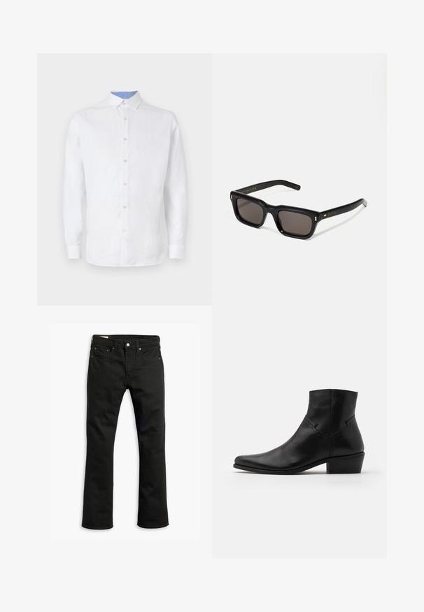 Bílá košile s dlouhým rukávem a knoflíkovým zapínáním, s světle modrou kostkovanou látkou uvnitř límce a manžet. Hladká textilie.; Černé džíny z denimu se střihem rovného nohavice, pěti kapsami, kovovým zapínáním a jemnými švy. Hladká textura a jednobarevný design.; Černá kožená kotníková bota s špičatou špičkou, minimálním množstvím švů, střední blokovou podpatečkou a hladkým, lesklým povrchem.; Černé obdélníkové sluneční brýle s tmavými skly, silným plastovým rámem, zlatými akcenty na spáncích a vyrytým logem značky na nožičce.