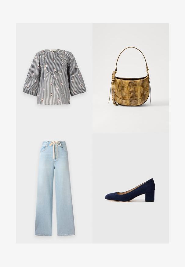 Blusa riscada em azul e branco com bordado floral, gola redonda, mangas de três quartos e um corpete pregueado para um ajuste relaxado.; Jeans de perna larga em azul claro, feitos de denim, com um cós elástico e design clássico de cinco bolsos, apresentando um desbotamento mínimo.; Salgados de camurça azul-marinho com bico fino e um salto quadrado de altura média. Textura suave com um ligeiro brilho e um pequeno corte na parte da frente.; Vanessa Bruno MINI DAILY BAG - Mala a tiracolo - camel