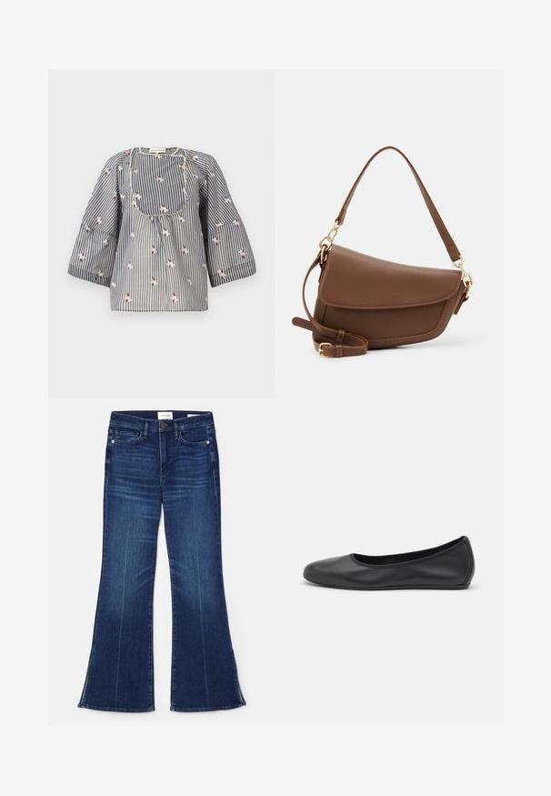 Blusa a righe blu e bianca con ricami floreali, scollo rotondo, maniche a tre quarti e corpetto arricciato per una vestibilità comoda.; Jeans a zampa d'elefante blu scuro in denim. Caratterizzati da una vita alta, tasche anteriori e dettagli con spacco all'orlo. Design classico a cinque tasche.; Pantofole da balletto nere in pelle con punta arrotondata, texture liscia, dettagli di cucitura minimi e design con suola flessibile.; Borsa a spalla in pelle marrone con finitura testurizzata, forma curva, hardware dorato, tracolla regolabile e chiusura a patta.