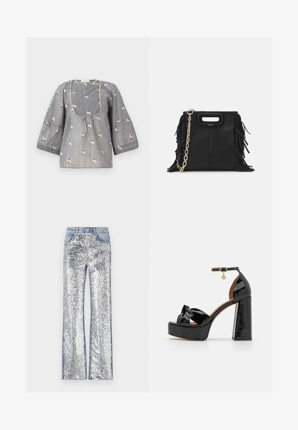 Sinise ja valge triibuline pluus, millel on lilleline tikand, ümmargune kaelus, kolmveerand varrukad ja kortsunud rind, et tagada mugav istuvus.; Hõbedased säraefektiga teksad, millel on laienev disain, denimist vöökoht ja külgedel, luues tekstuurse ja peegeldava pinna.; Maje Kõrge kontsaga sandaalid - noir; Musta nahk käekott, millel on frantsiisid, kuldne ahelsanga ja lõigatud käepide. Esiosas on logot.