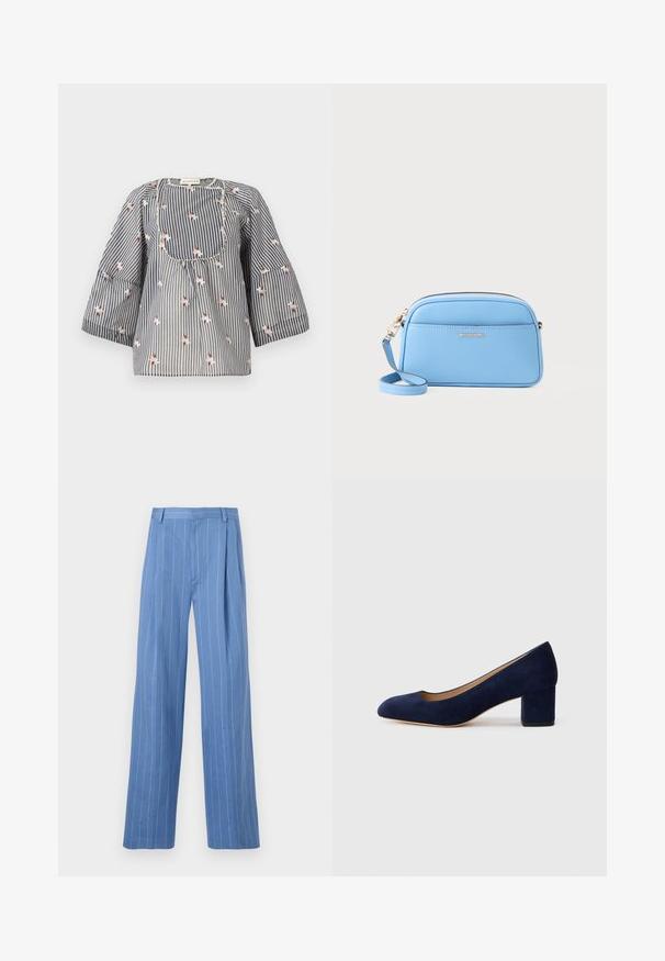 Kék és fehér csíkos blúz virágos hímzéssel, kerek nyakkivágással, háromnegyedes ujjal és fodros testtel a laza szabás érdekében.; Világoskék, bő szárú nadrág függőleges fehér csíkokkal. Simább anyagból készült, elöl redőzéssel és letisztult derékpánttal rendelkezik.; Tengerészkék velúr, hegyes orrú pumpa, középmagas tömbsarkúval. Simítású felület finom fénylő hatással, elöl egy kis kivágással.; Világoskék bőr keresztpántos táska aranyszínű fémszerelvényekkel, cipzáras záródással és elülső zsebbel. Állítható pánttal rendelkezik a kényelmes viselet érdekében.
