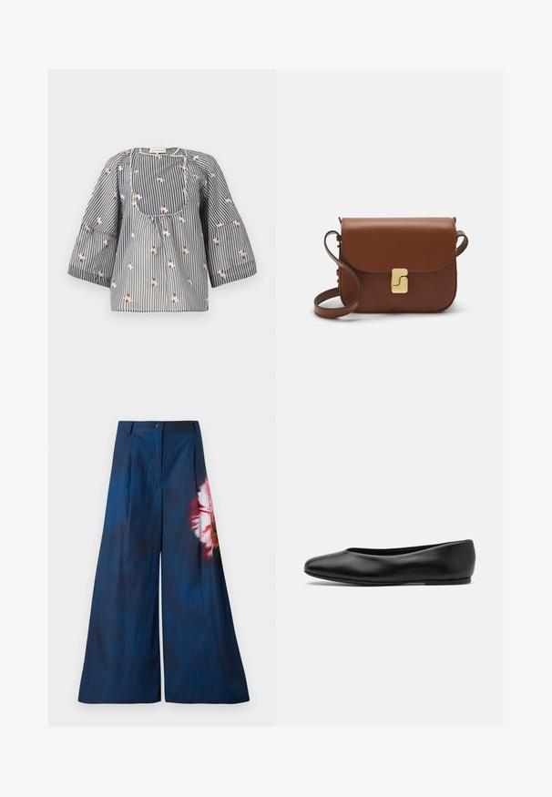 Blusa a righe blu e bianca con ricami floreali, scollo rotondo, maniche a tre quarti e corpetto arricciato per una vestibilità comoda.; Pantaloni a gamba larga in tessuto blu scuro, con una stampa floreale in rosa e giallo su un lato, dotati di chiusura con bottone in vita.; Paul Smith TOPANGA - Ballerine - black; Borsa a tracolla in pelle marrone con chiusura a pattina, hardware color oro, tracolla e una finitura liscia. Forma rettangolare compatta.