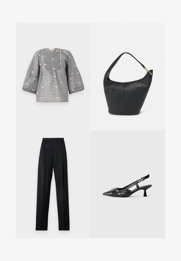 Gestreifte Bluse in Blau und Weiß mit floraler Stickerei, runder Ausschnitt, Dreiviertelärmel und gerafftem Oberteil für einen legeren Sitz.; Schwarze Hosen aus glattem Stoff mit hoher Taille, weitem Bein, vorderen Falten und klassischen Gürtelschlaufen. Keine sichtbaren Seitentaschen.; Schwarzer Leder-Slingback-Schuh mit spitz zulaufender Zehenpartie, dekorativen Riemen mit METALLÖSEN und niedrigem Blockabsatz. Strukturelle Oberfläche.; Schwarze Lederhandtasche mit abgerundeter Form, breitem Tragegurt und strukturiertem Finish. Besitzt eine subtile Nahtdetails und einen Akzent aus goldfarbenem Metall.