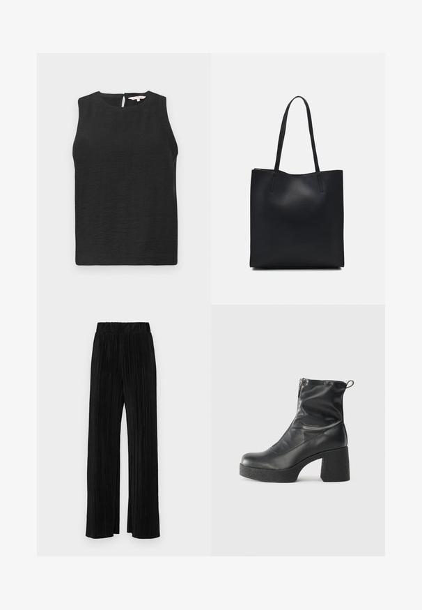 Juoda be rankovių palaidinė, pagaminta iš tekstūruoto audinio, su apvaliu iškirpimu ir rakto skylutės tipo nugaros uždarymu. Paprastas ir minimalistinis dizainas.; Juodi plisuoti kelnės su elastine juosta. Turėkite plačias kojas ir glotnų, tekstūrinį audinį su vertikaliais dryžiais.; Juodos kulkšninių botai, pagaminti iš lygaus odos, su šoniniu užtrauktuku, masyviu tekstūruotu kulnu ir apvaliu pirštu.; Juodas odinis tote krepšys su lygia tekstūra, stačiakampio formos ir dviem ilgais rankenomis. Matomų metalinių detalių ar puošybos nėra.