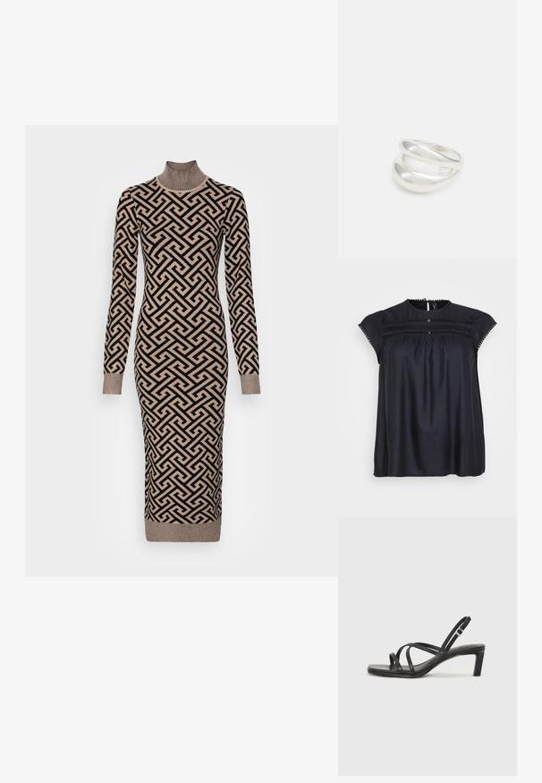 Crna bluzica kratkih rukava s dekorativnim čipkastim rubom, nabranim prednjim dijelom i suptilnom sjajnom teksturom. Okrugli dekolte i slobodan kroj.; Knit haljina dugih rukava s visokim ovratnikom, koja ima geometrijski uzorak u crnoj i bež boji, rebraste manžete i prilagodljiv kroj.; Crne sandale s trakama, kvadratnim prstom i niskom blok petom. Ima više tankih trakica i podesivu trakicu oko gležnja. Izrađene su od glatke kože.; Crna kožna torba preko tijela s glatkom teksturom, pravokutnim oblikom i metalnim lancem na prednjoj strani. Uključena je podesiva naramenica.; Srebrna dvostruka prsten s glatkom, poliranom površinom. Karakterizira ga fluidan, zakrivljen dizajn s preklapajućim sekcijama za moderan izgled.
