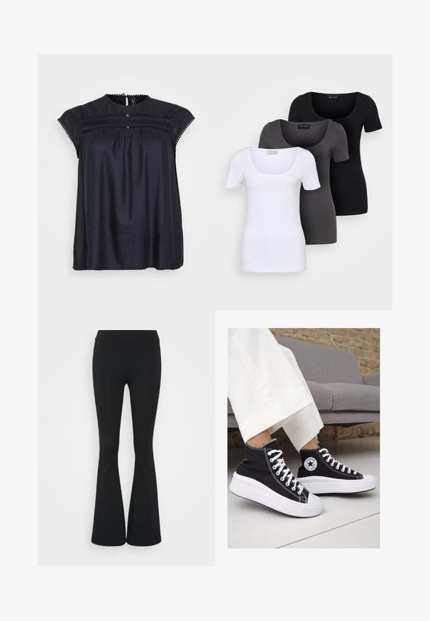 Čierna blúzka s krátkym rukávom, ozdobená čipkovým lemom, so zberaným predným dielom a jemnou lesklou textúrou. Okrúhly výstrih a voľný strih.; Tričko v bielej, šedej a čiernej farbe s priliehavým strihom. Každé má široký výstrih a krátke rukávy. Vyrobené z hladkej, elastickej tkaniny.; Čierne rozšírené nohavice vyrobené z elastického materiálu, s vysokým pásom a hladkou textúrou. Nohavice sa rozširujú od kolena.; Čierne plátkové tenisky s vysokým strihom a bielymi gumovými podrážkami a šnúrkami. Majú okrúhly logotyp na boku a kontrastné biele stehy.