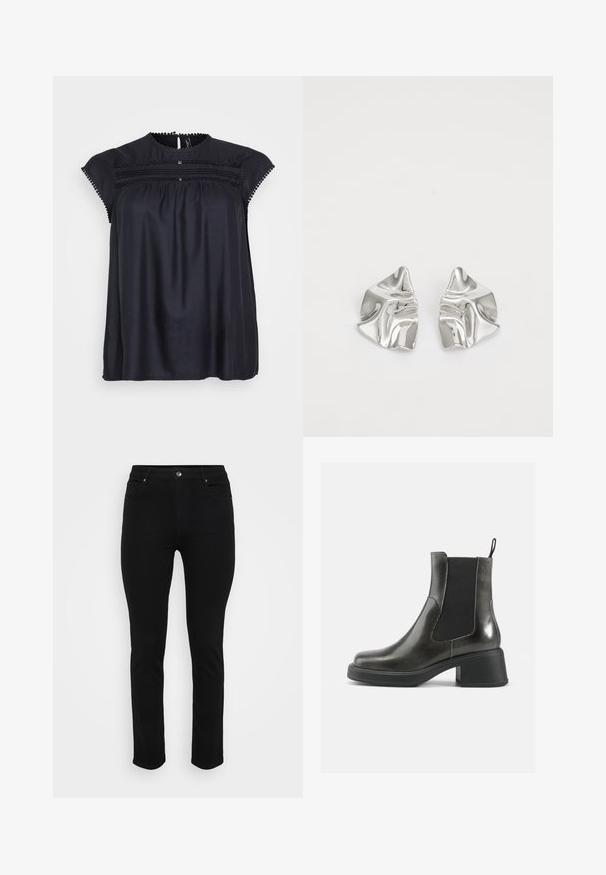 Blusa nera a maniche corte con bordo in pizzo decorativo, frontale arricciato e sottile lucentezza. Scollatura rotonda e design morbido.; Jeans in denim nero con vestibilità slim, design a cinque tasche, chiusura anteriore a bottone e leggero stretch per un maggiore comfort. Texture piatta e liscia con dettagli minimi.; Stivali alla caviglia in pelle nera con una finitura liscia, pannelli laterali elastici e un tacco robusto. Presentano una linguetta per facilitare l'inserimento.; Orecchini in metallo argento con un design ondulato e scultoreo, caratterizzati da una finitura lucida e forme irregolari, che evidenziano un'estetica contemporanea.