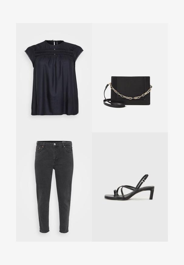 Sort kortærmet bluse med dekorativt blonder trim, samlet front og subtil glans struktur. Rund halsudskæring og løs pasform.; Slanke sorte denim jeans med frontknap og lynlås, bæltestropper og fem lommer, vist på en ensfarvet lys baggrund.; Sort remsandale med firkantet tå og en lav blokeret hæl. Har flere tynde stropper og en justerbar ankelrem. Fremstillet af glat læder.; Sort læder crossbody taske med en glat tekstur, rektangulær form og en metallisk kæde detalje foran. Justerbar skulderrem inkluderet.; Sølvring med dobbeltbånd og en glat, poleret overflade. Den har et flydende, buet design med overlappende sektioner for et moderne udtryk.