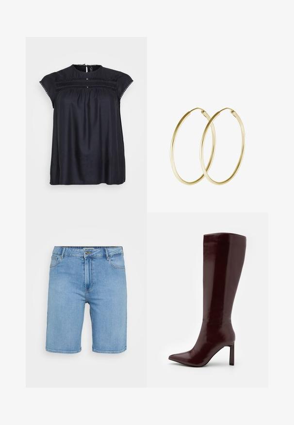 Mustat lyhythihaiset puserot, joissa on koristeellinen pitsireunus, ry gathered etuosassa ja hienovarainen kiiltävä pinta. Pyöreä pääntie ja väljä malli.; Vaaleansinisiä farkkushortseja klassisella leikkauksella, joissa on etunappikiinnitys, vyölenkit ja kaksi sivutaskua. Pehmeä pinta ja suora helma.; Even&Odd Saappaat - dark red; Kullanışlı, pürüzsüz bir tasarıma ve parlak bir yüzeye sahip altın halkalı küpeler. Hafif yapısı ile güvenli bir toka kapama mekanizması mevcut.