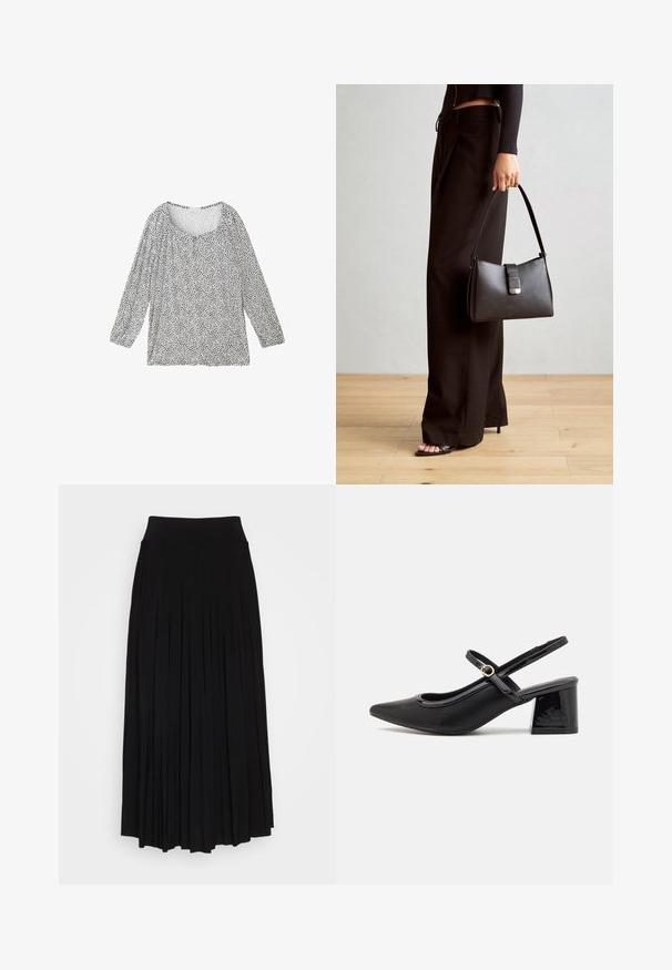 TOM TAILOR 3/4 ARM IN OPTIK - Bluse - organic navy dot design; Schwarzer plissierter Rock mit breitem, dehnbarem Bund. Gefertigt aus weichem Stoff, mit vertikalen Falten für eine fließende Silhouette.; Schwarze Lackleder-Slingback-Absätze mit spitzer Zehenform, einem runden Ausschnitt-Design und einem Blockabsatz. Mit einem goldfarbenen Schnallenakzent.; Schwarze Handtasche mit strukturierter Form, glatter Textur und einem metallischen Verschluss. Kombiniert mit weiten schwarzen Hosen und offenen Sandalen auf einem Holzboden.