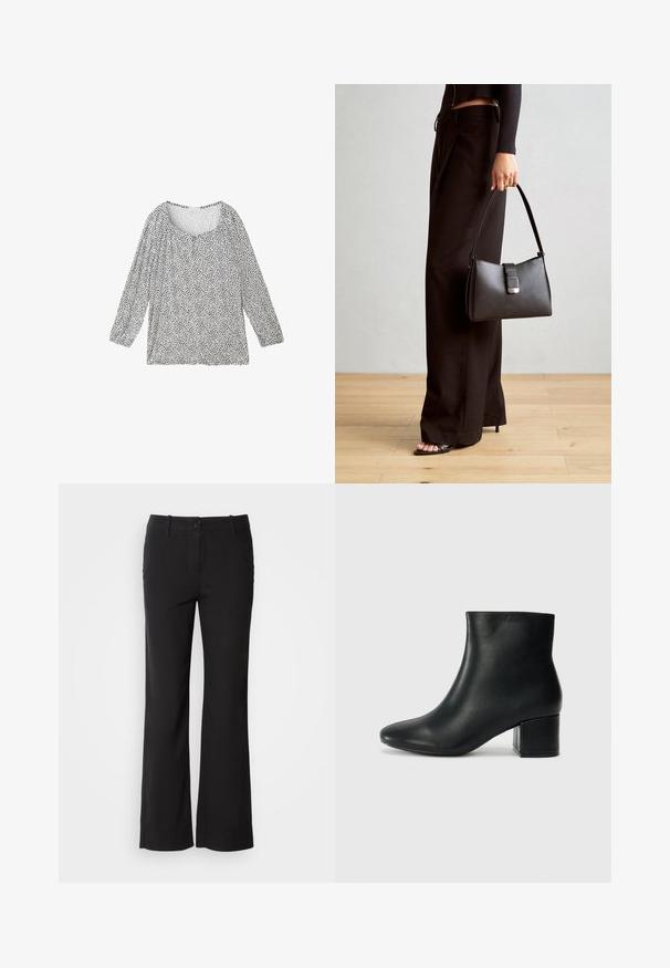 TOM TAILOR 3/4 ARM IN OPTIK - Camicetta - organic navy dot design; Pantaloni in misto cotone neri con design a gamba dritta, chiusura frontale con bottone e due tasche laterali. Tessuto liscio, senza motivi visibili.; Stivali neri in pelle fino alla caviglia con punta appuntita e tacco spesso. Texture liscia con minimi dettagli e un design elegante e aderente.; Borsa nera con forma strutturata, texture liscia e una chiusura metallica. Abbinata a pantaloni neri larghi e sandali open-toe su un pavimento in legno.