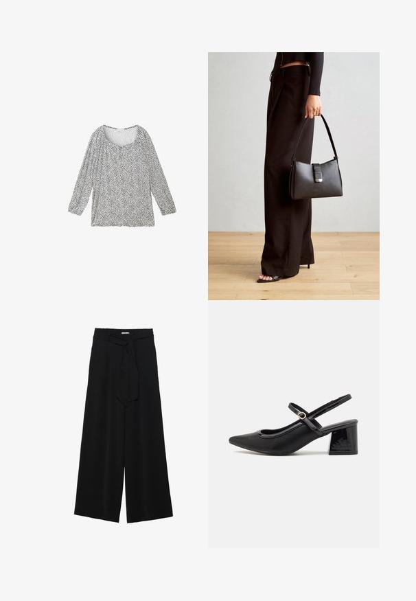 TOM TAILOR 3/4 ARM IN OPTIK - Bluza - organic navy dot design; Črne široke hlače iz teksturirane tkanine, z elastičnim pasom in odstranljivim trakom na pasu za prilagodljivo prileganje.; Črne patentne usnjene salonarce s slingback obliko, s koničastim nosom, zaobljenim izrezom in blok peto. Imajo zlato kovinsko zaponko kot dodatno okrasje.; Črna torbica z strukturirano obliko, gladko teksturo in kovinskim zaponko. Ujemajo se z širokimi črnimi hlačami in odprtimi sandali na lesenem tleh.